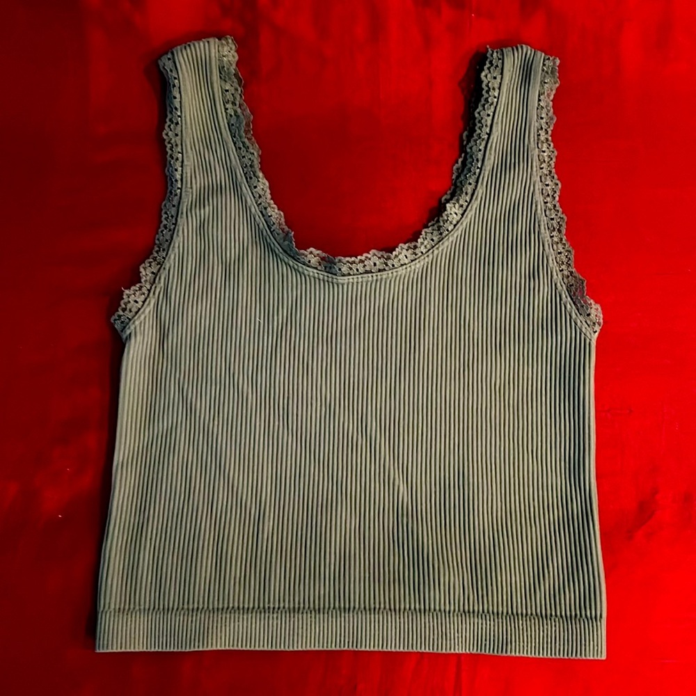 Green Ribbed Lace Trim Tank Top